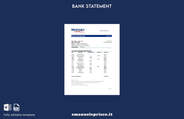 modello Excel di estratto conto bancario Japan Mizuho in stile verificato